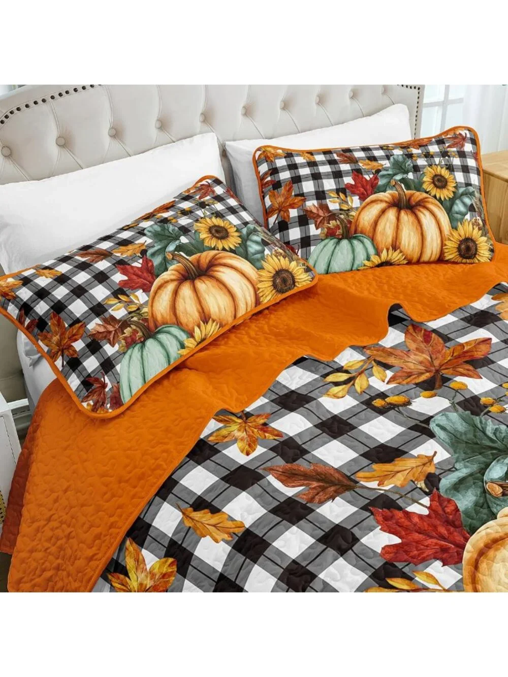 Cozy Fall Pumpkin Quilt Set Queen | Thanksgiving Bedspread for Autumn Decor